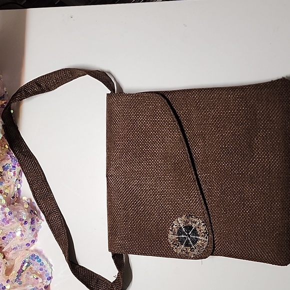 Beaded Maasai Fabric and Jute Crossbody Purse Brown Large - Picture 2 of 5